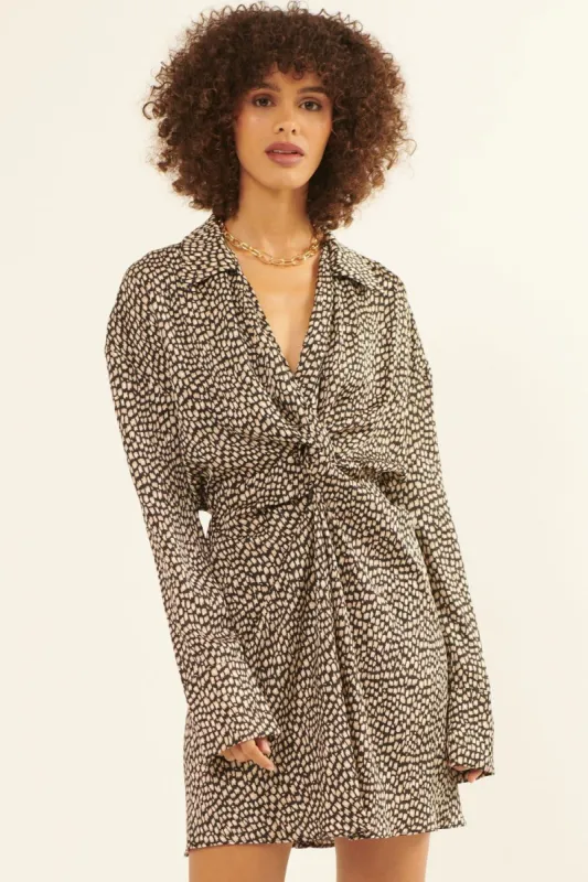 Black Animal Print Satin Twist-Front Mini Dress sold by Pinkblush