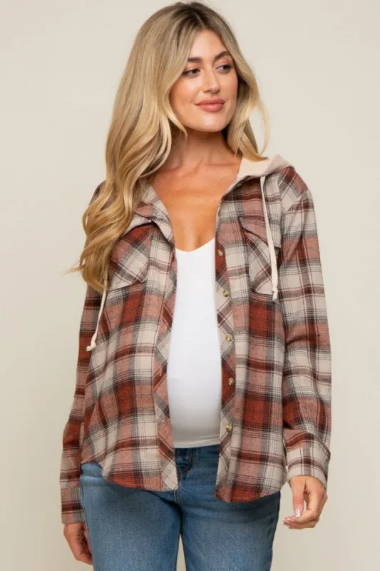 Rust Plaid Button Front Hooded Maternity Top sold by Pinkblush