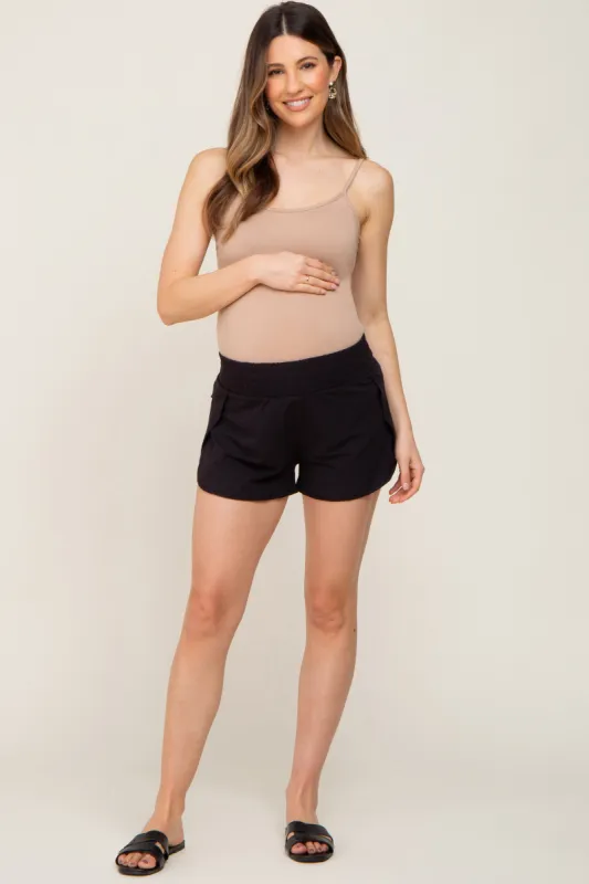 Black Wrap Side Maternity Track Shorts sold by Pinkblush