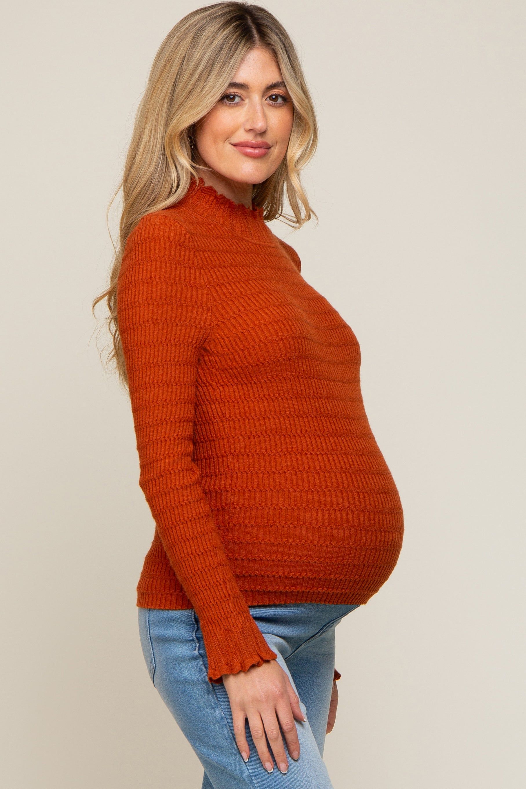 Rust Textured Knit Ruffle Mock Neck Maternity Top sold by Pinkblush product image thumbnail 2
