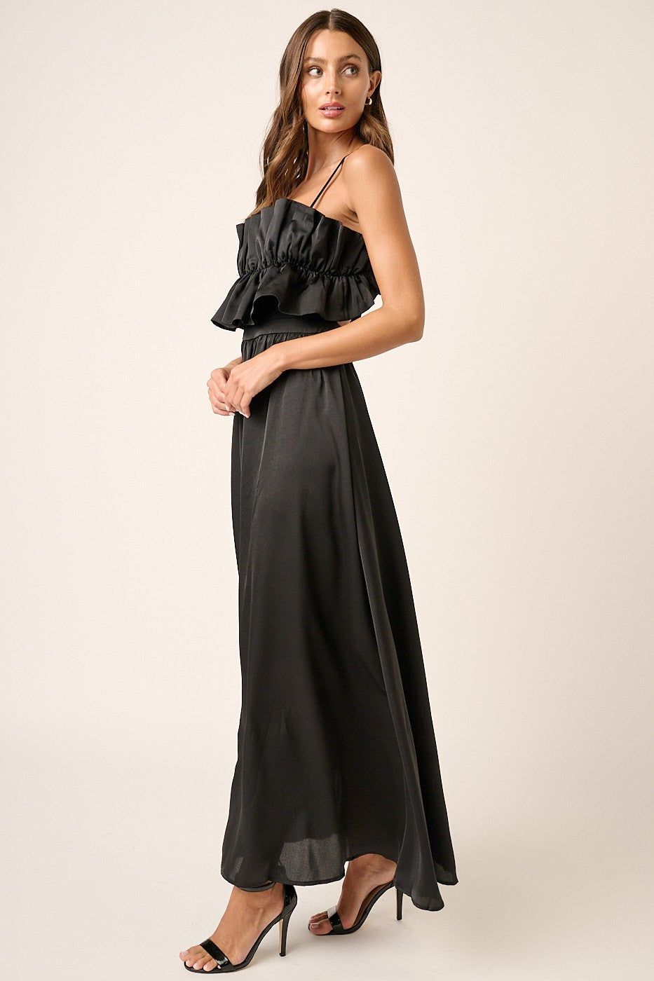 Black Satin Ruffle Bust Back Tie Maxi Dress sold by Pinkblush product image thumbnail 2