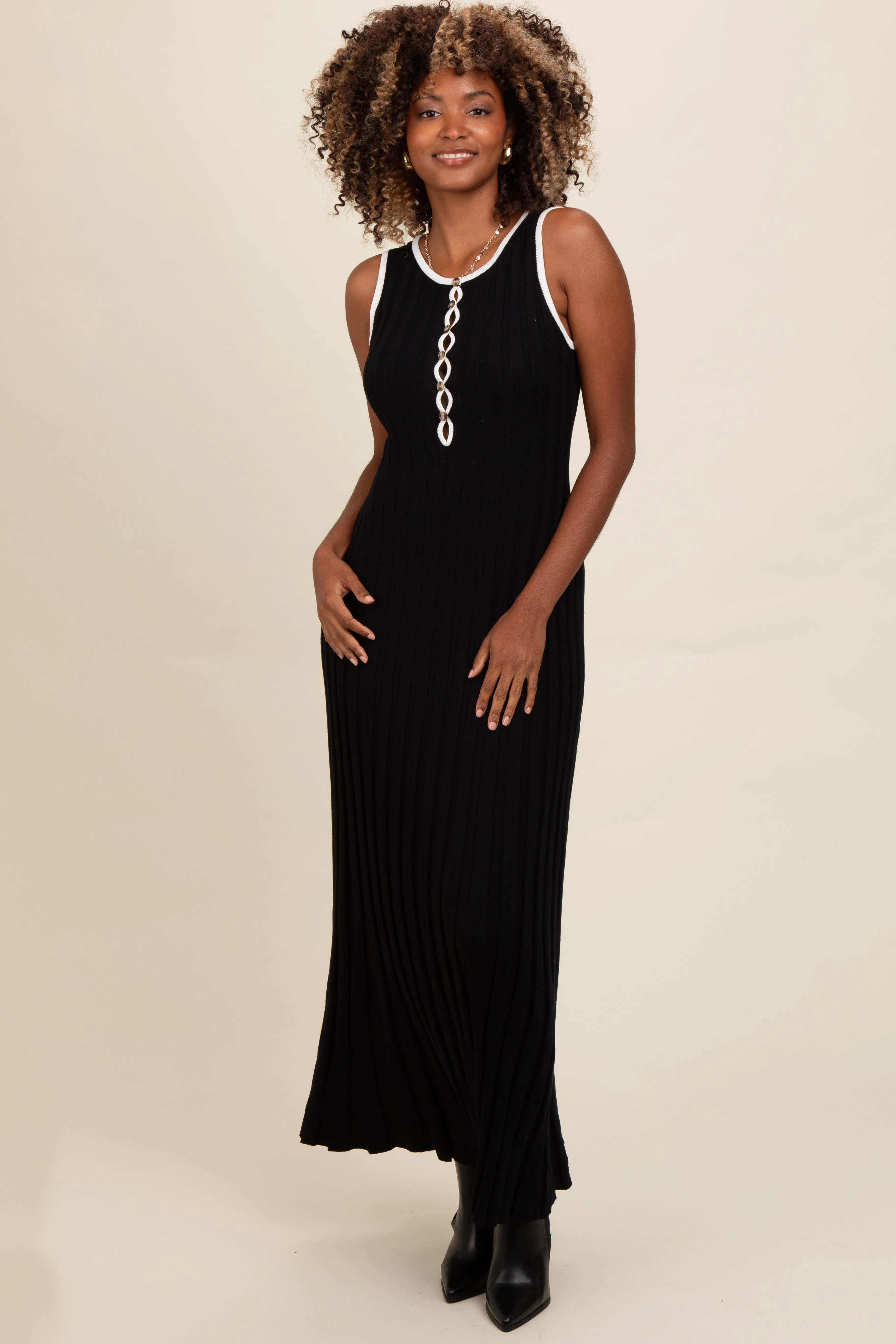 Black Ribbed Knit Button Detail Sleeveless Maxi Dress sold by Pinkblush