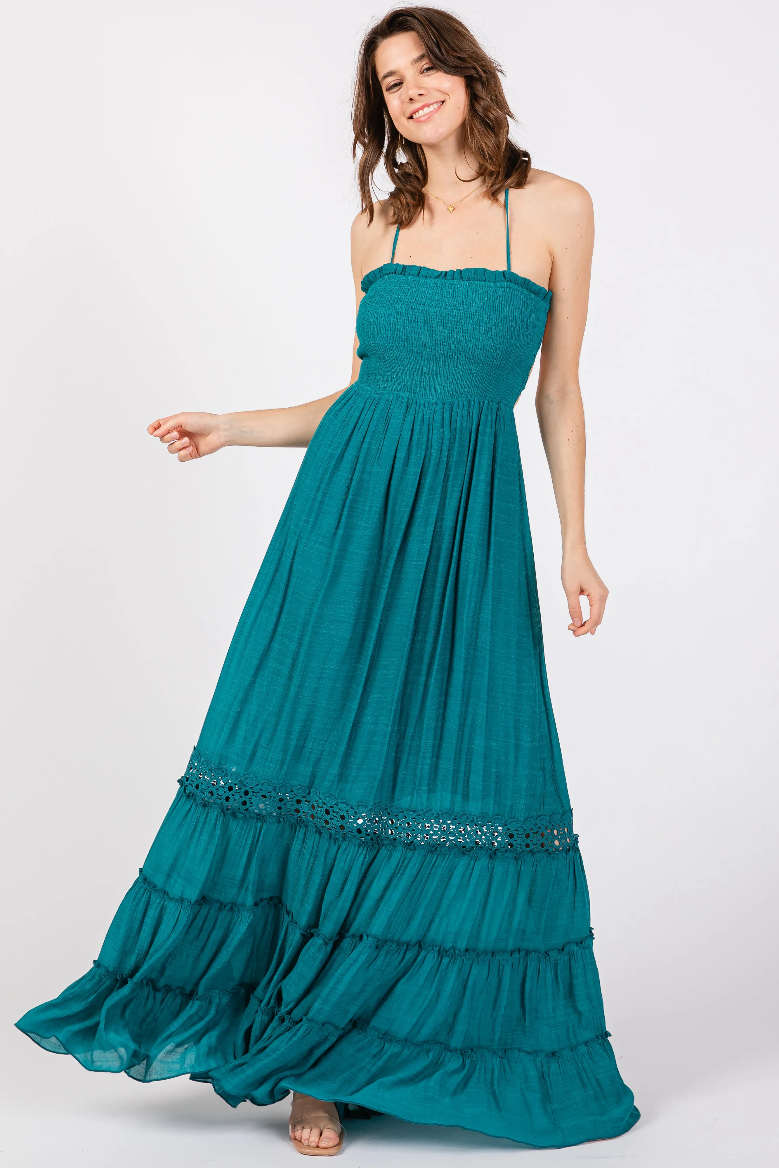 Teal Smocked Open Back Maxi Dress sold by Pinkblush