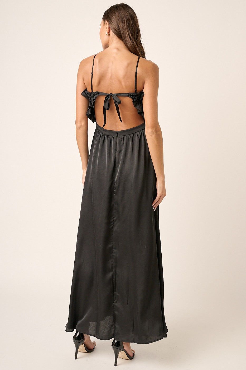 Black Satin Ruffle Bust Back Tie Maxi Dress sold by Pinkblush product image thumbnail 3