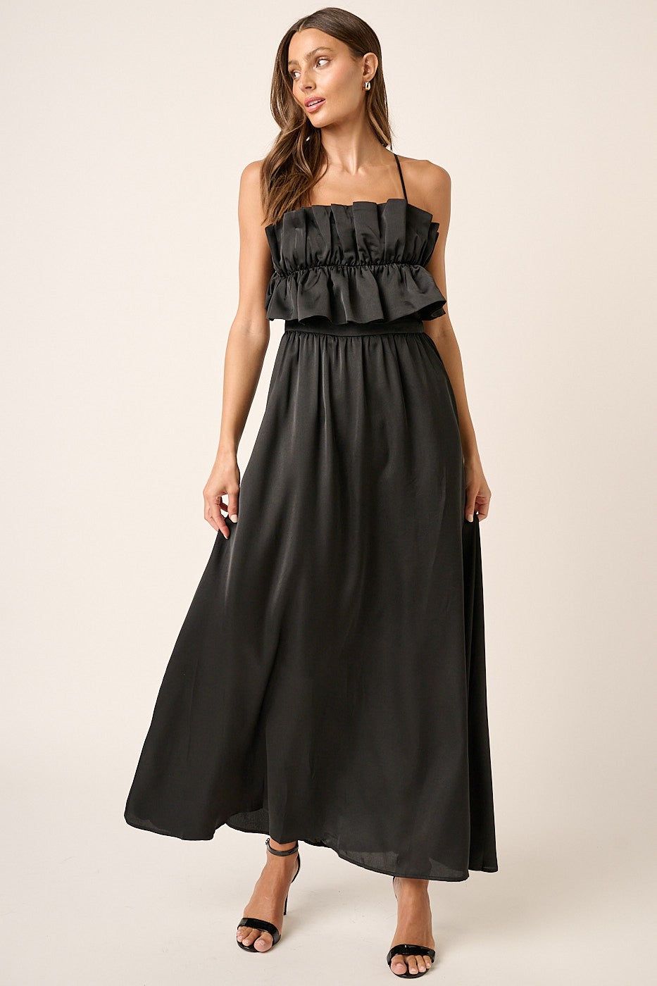 Black Satin Ruffle Bust Back Tie Maxi Dress sold by Pinkblush