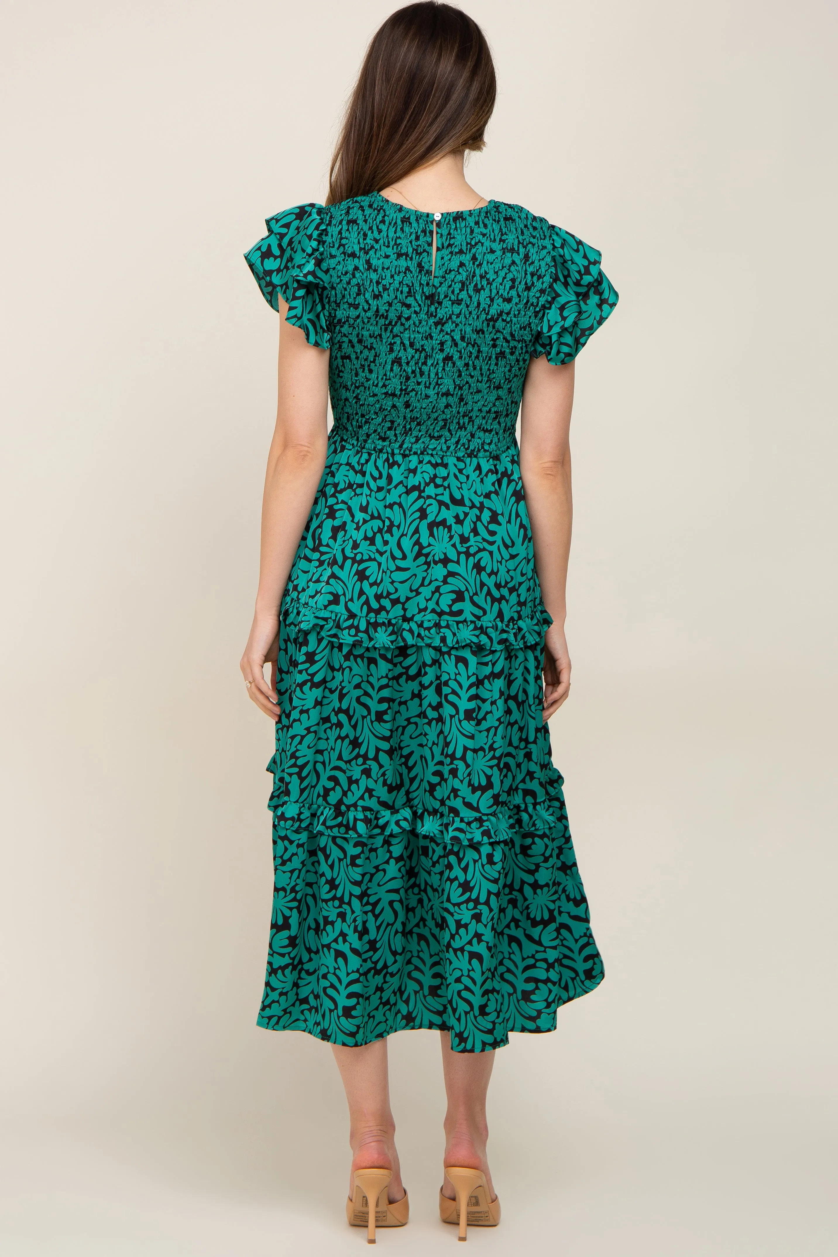 Green Print Smocked Ruffle Tiered Maternity Midi Dress sold by Pinkblush product image thumbnail 3