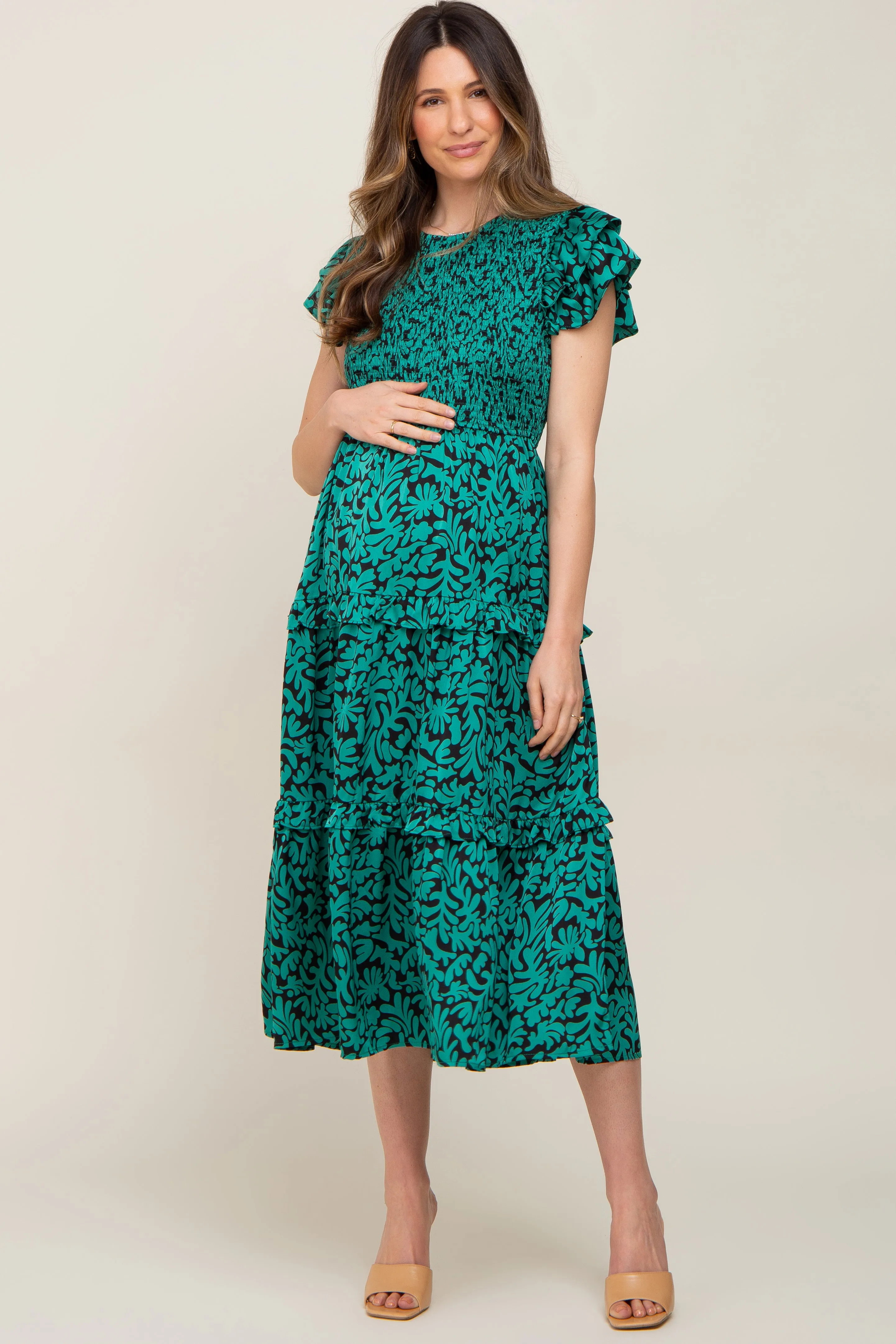 Green Print Smocked Ruffle Tiered Maternity Midi Dress sold by Pinkblush product image thumbnail 4