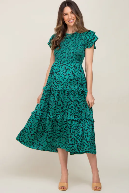 Green Print Smocked Ruffle Tiered Maternity Midi Dress sold by Pinkblush