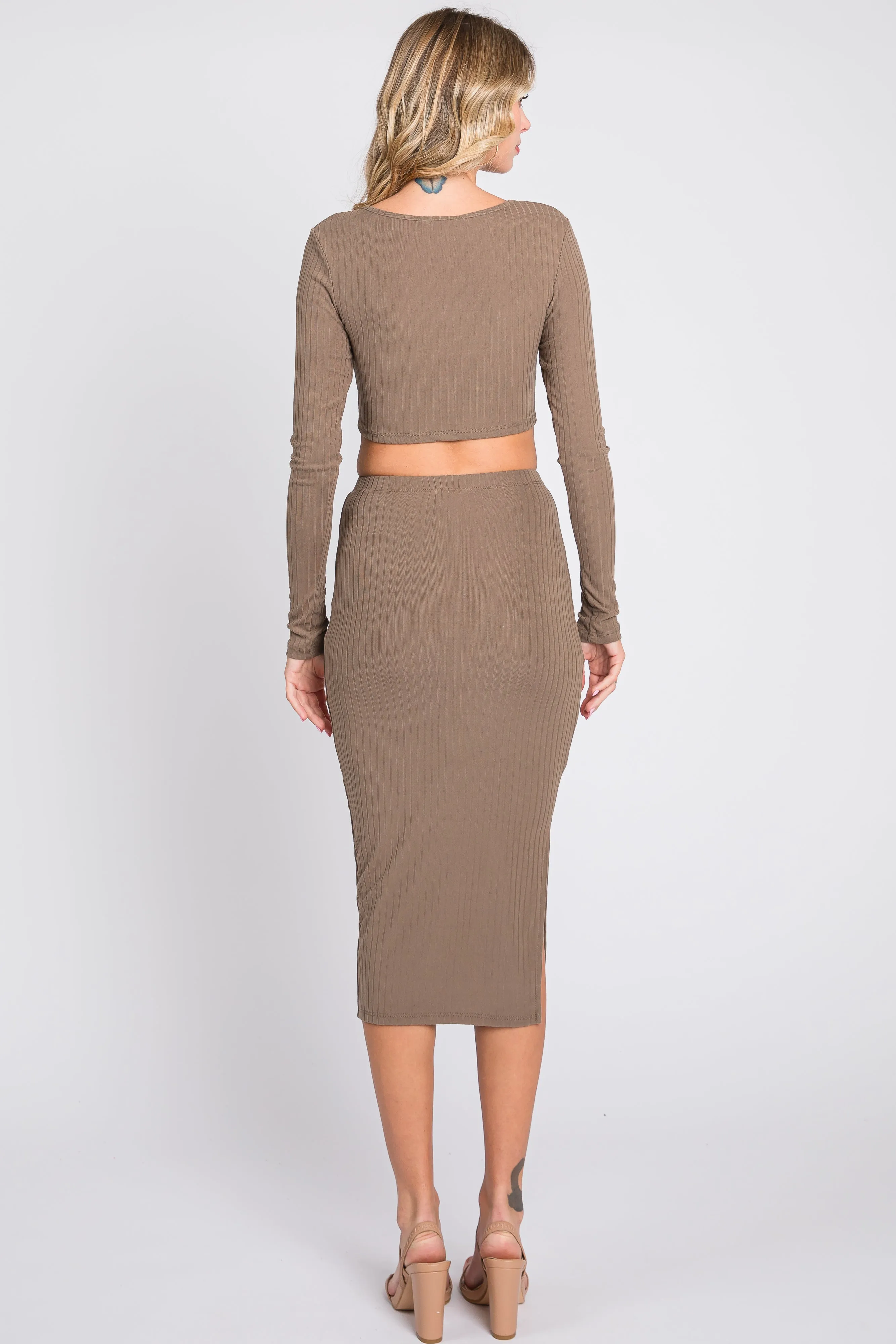 Mocha Ribbed Crop Top Midi Skirt Set sold by Pinkblush product image thumbnail 3