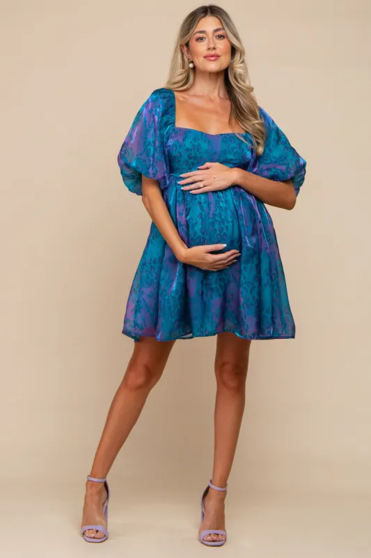 Teal Leopard Print Puff Sleeve Maternity Dress sold by Pinkblush