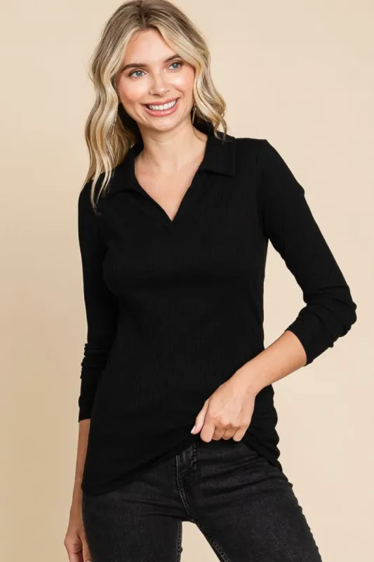 Black Ribbed Collared Long Sleeve Top sold by Pinkblush