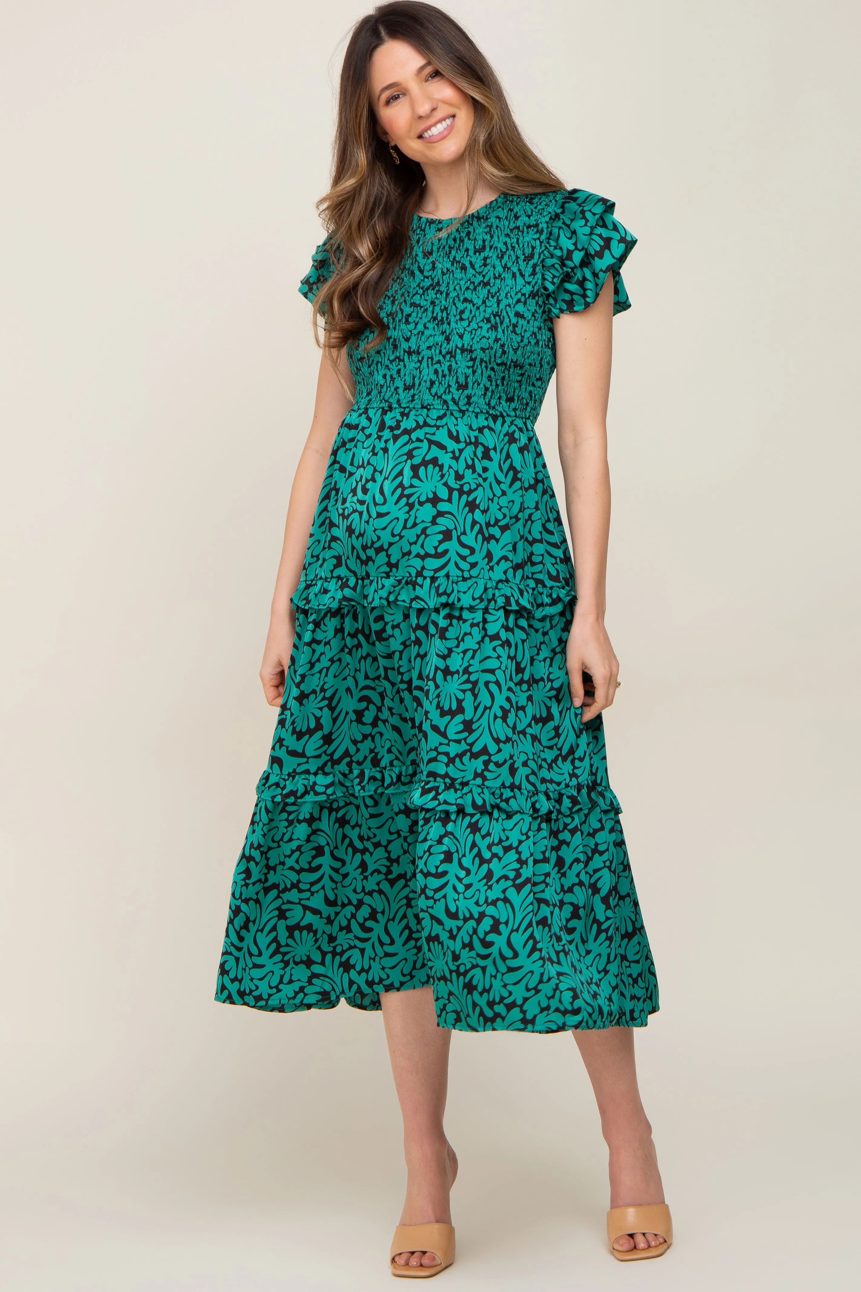 Green Print Smocked Ruffle Tiered Maternity Midi Dress sold by Pinkblush product image thumbnail 5