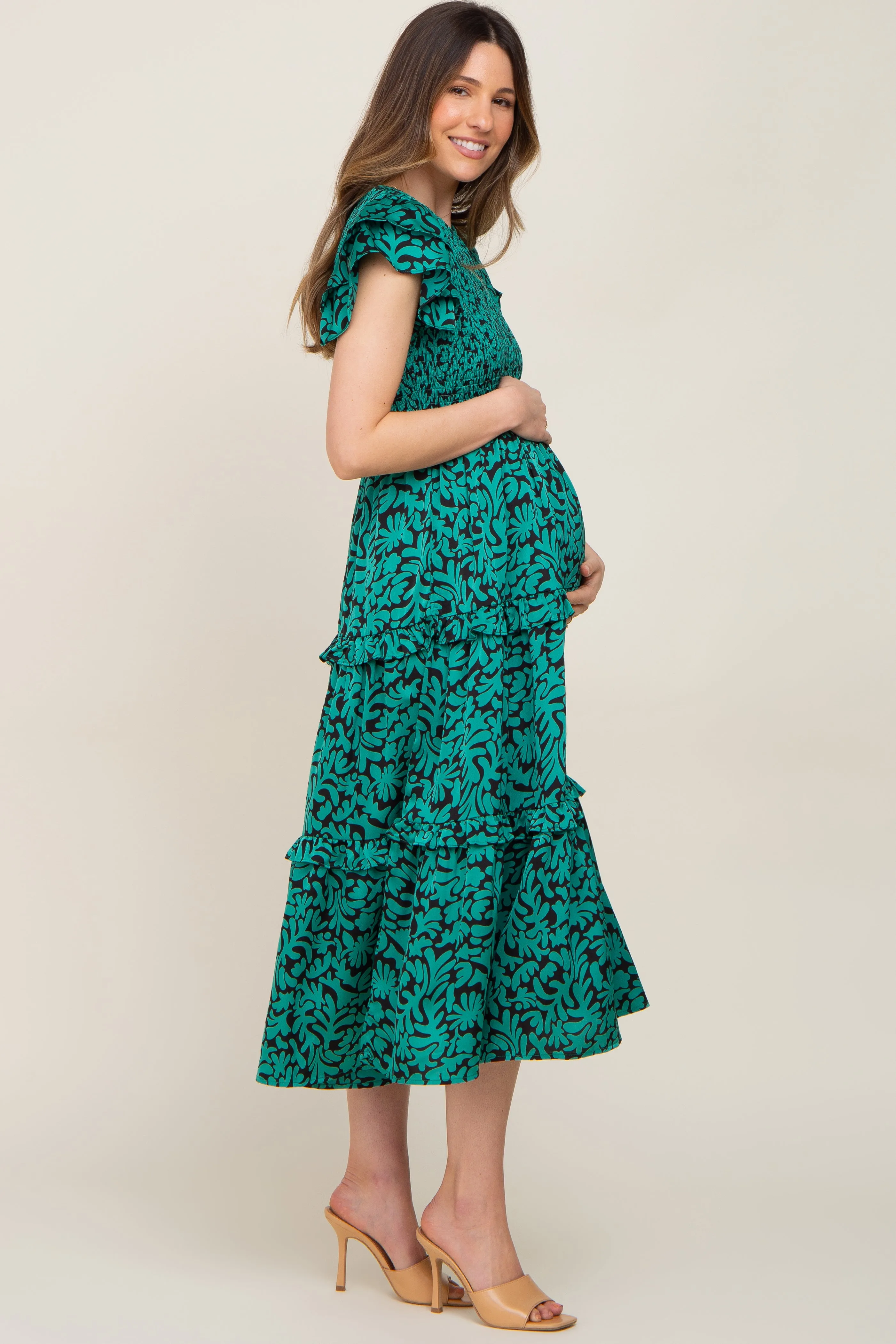 Green Print Smocked Ruffle Tiered Maternity Midi Dress sold by Pinkblush product image thumbnail 2