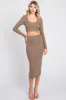 Mocha Ribbed Crop Top Midi Skirt Set sold by Pinkblush