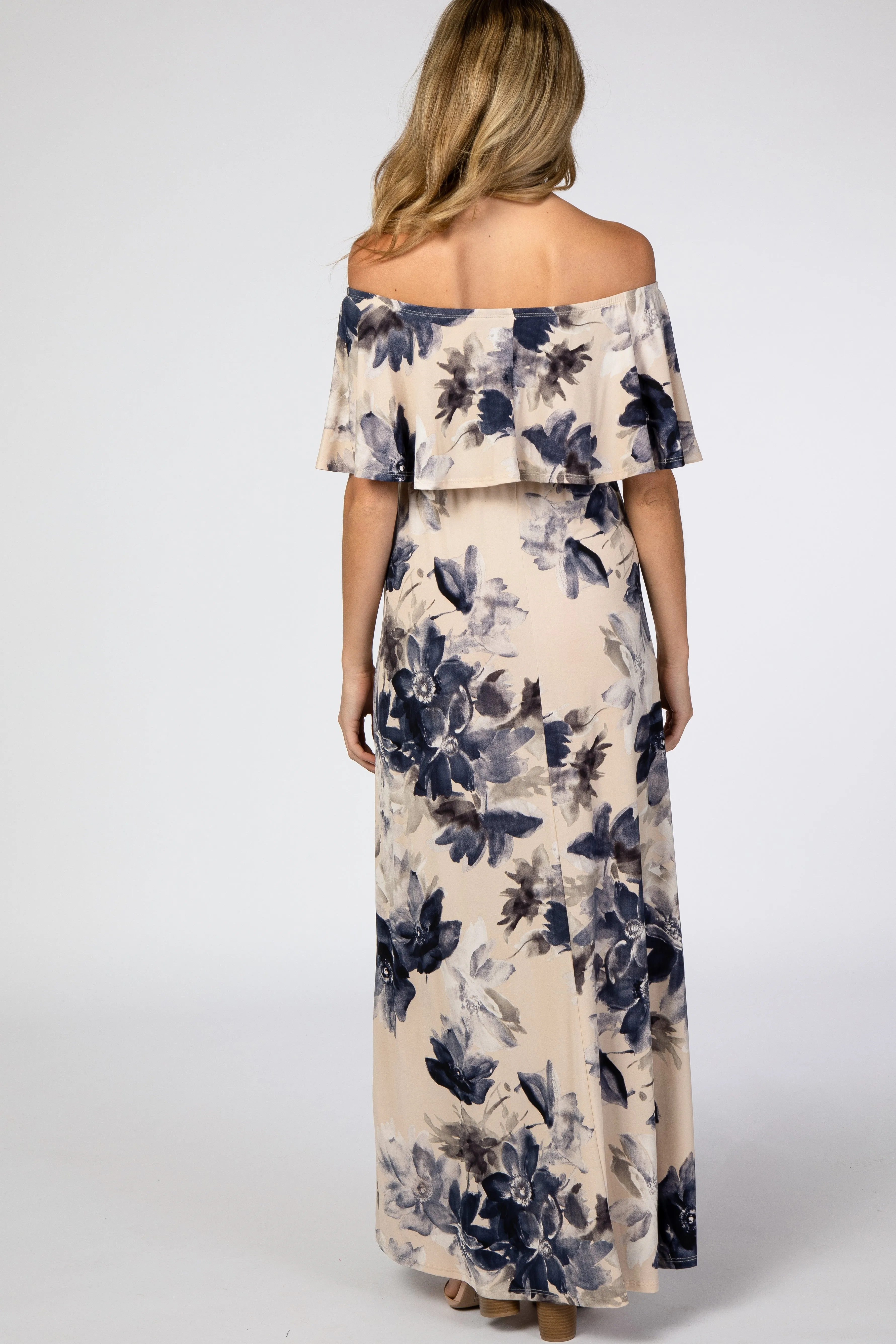 Taupe Navy Floral Off Shoulder Maternity Maxi Dress sold by Pinkblush product image thumbnail 3