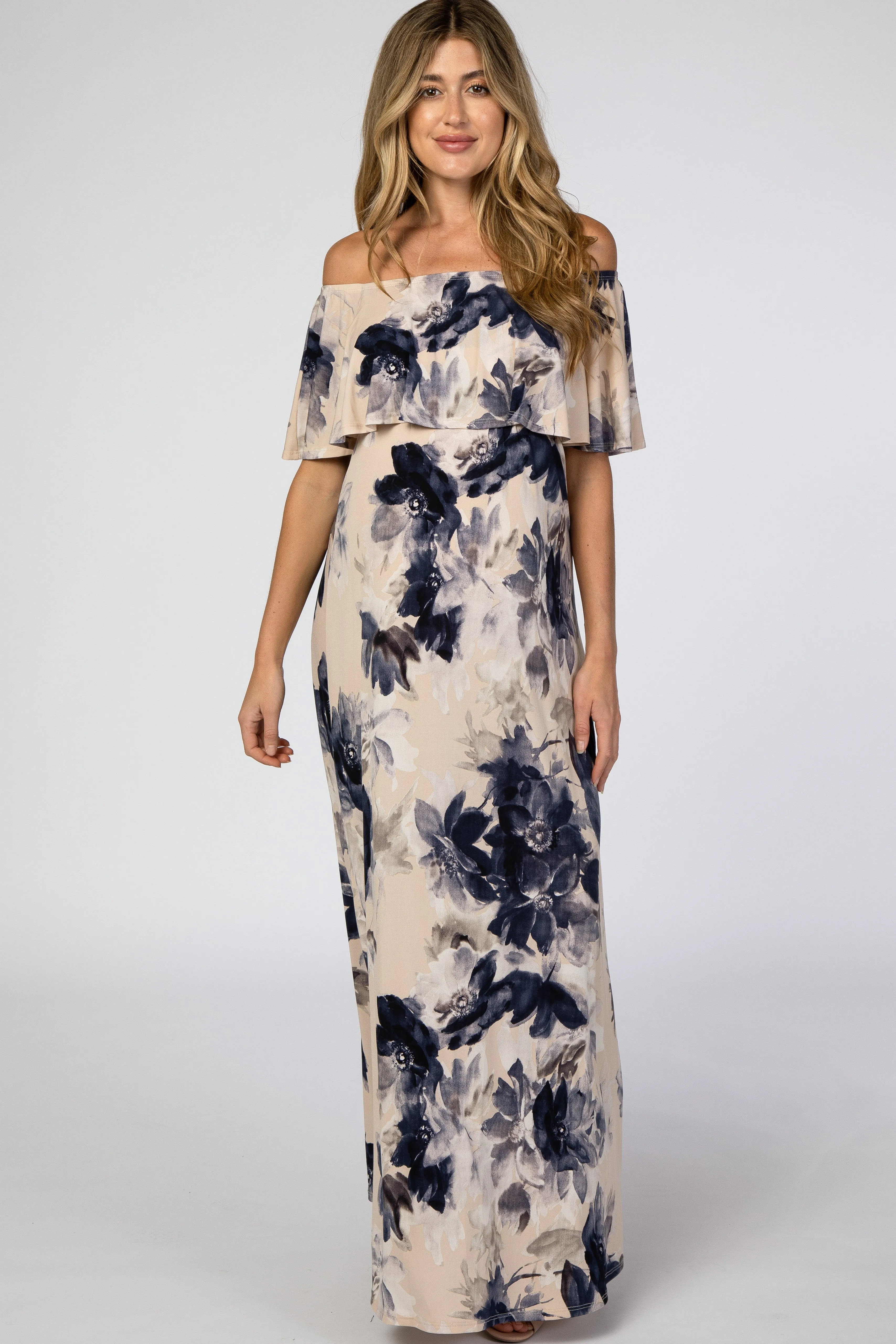 Taupe Navy Floral Off Shoulder Maternity Maxi Dress sold by Pinkblush