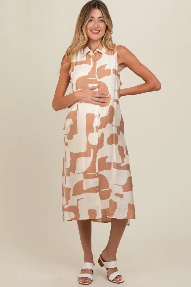 Mocha Printed Button Down Collared Maternity Midi Dress sold by Pinkblush