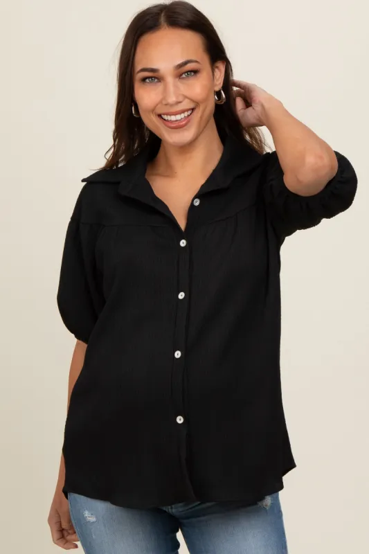 Black Collared Button Down Maternity Blouse made by Pinkblush