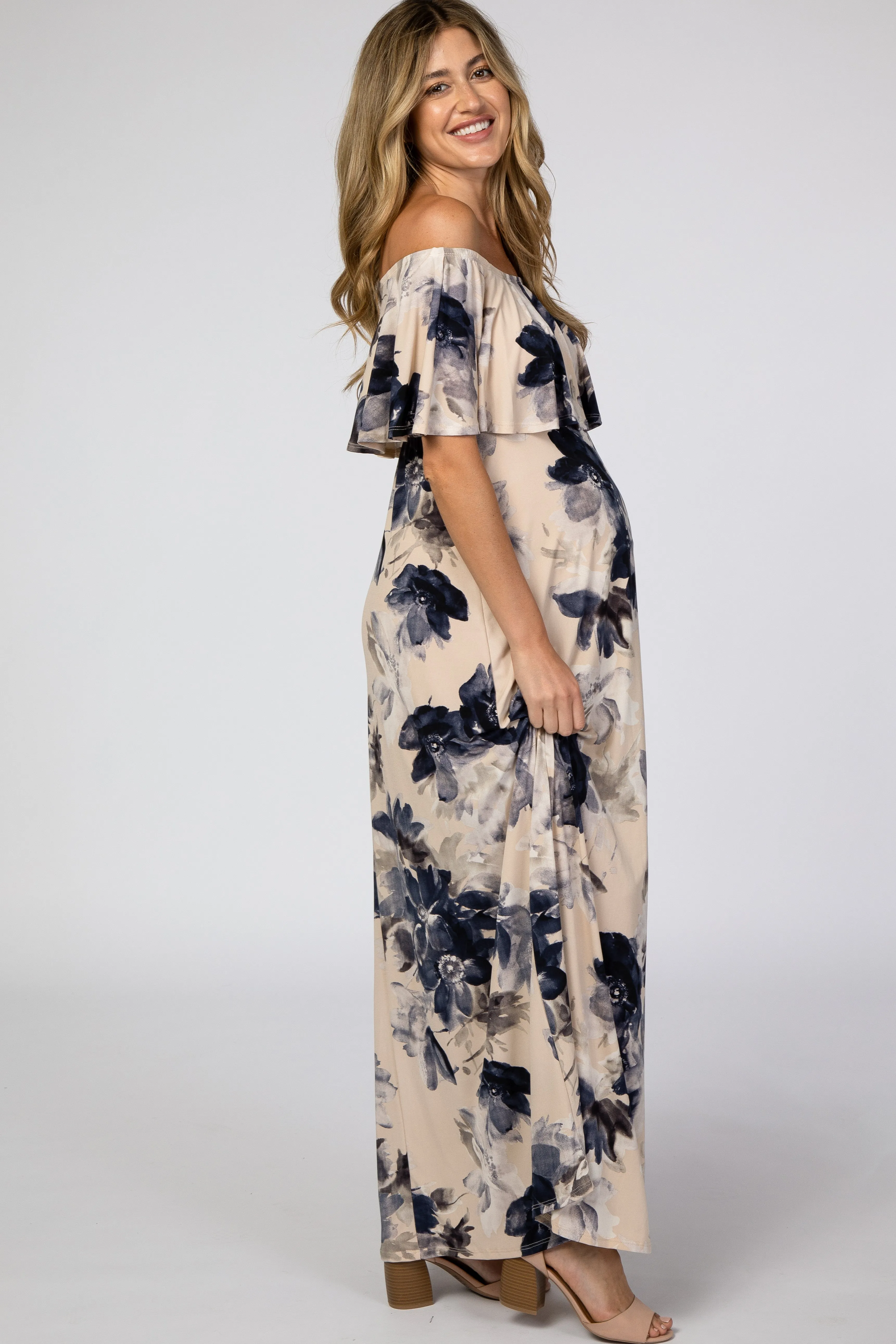 Taupe Navy Floral Off Shoulder Maternity Maxi Dress sold by Pinkblush product image thumbnail 2
