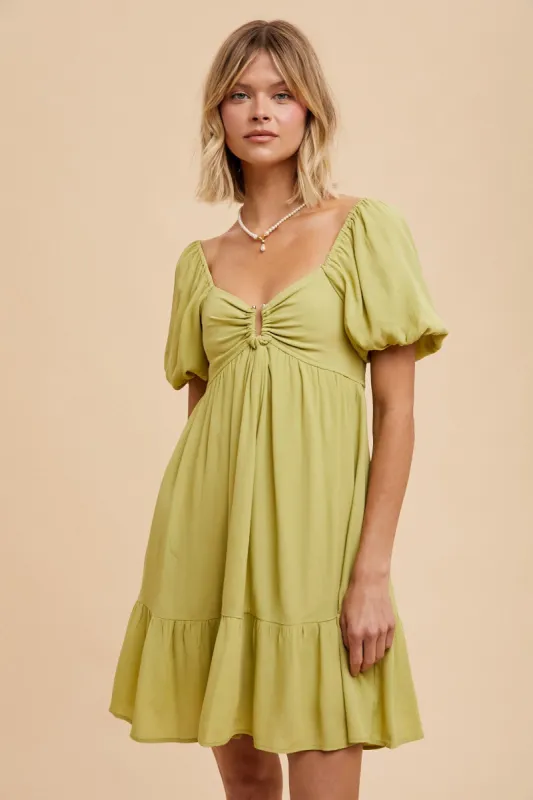 Light Olive U Notched Bubble Short Sleeve Dress sold by Pinkblush