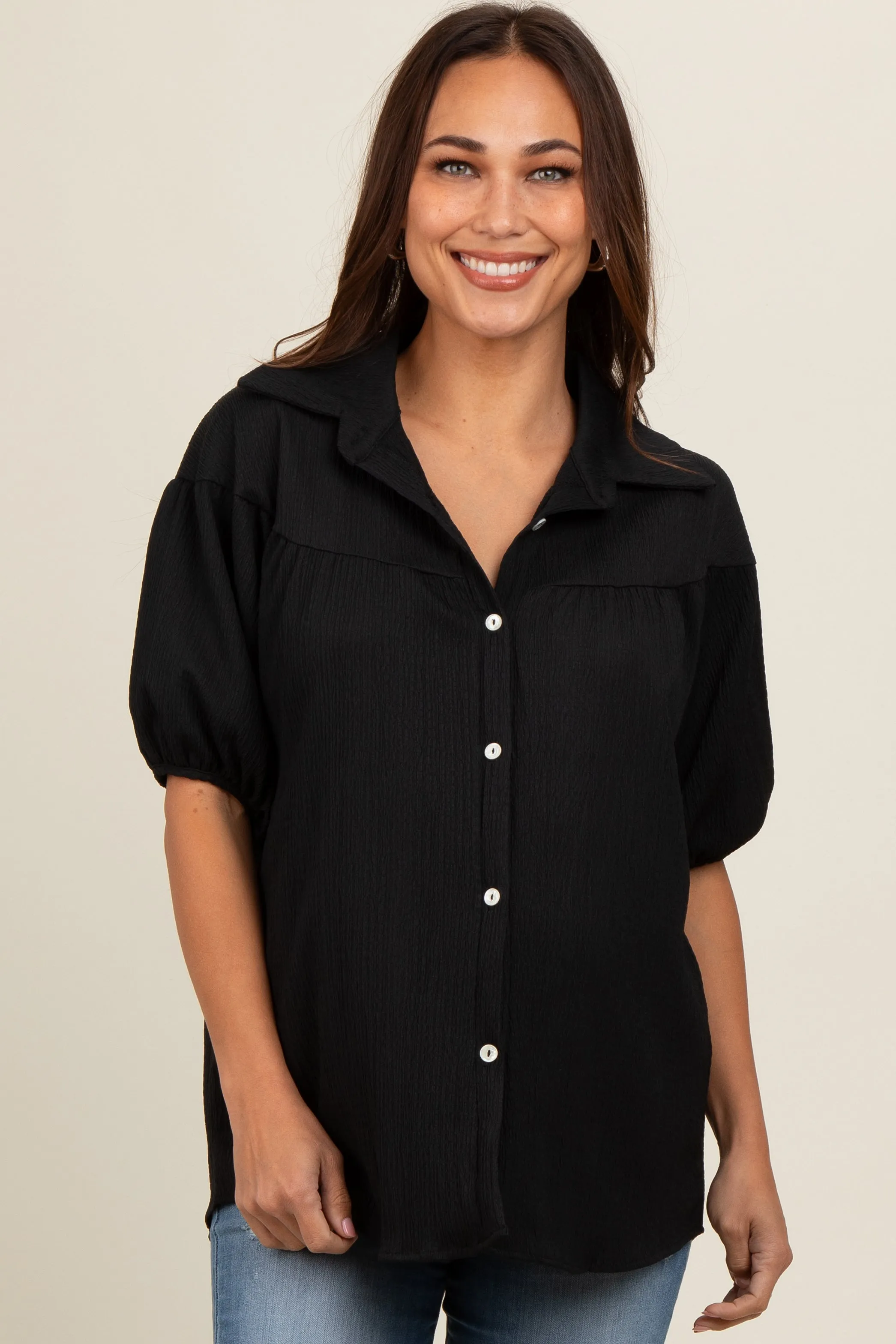 Black Collared Button Down Maternity Blouse sold by Pinkblush product image thumbnail 2