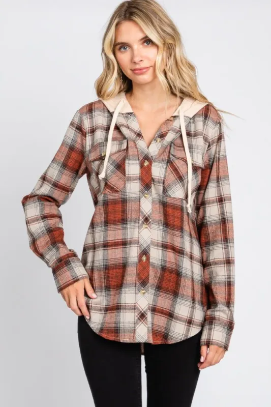 Rust Plaid Button Front Hooded Top sold by Pinkblush