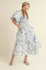 Blue Floral Smocked Puff Sleeve Midi Dress sold by Pinkblush
