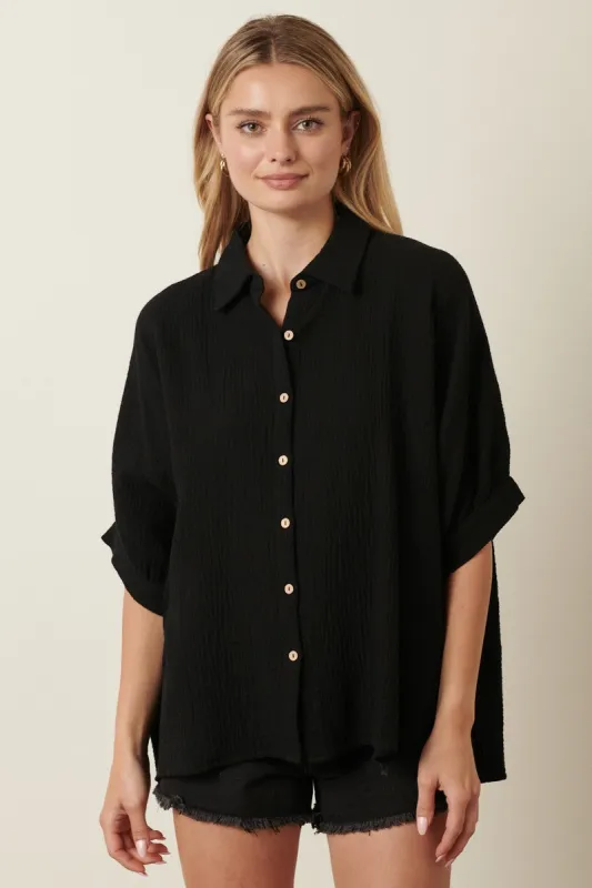 Black Button Down Collared Top sold by Pinkblush