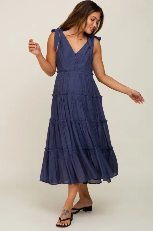 Navy Blue Linen Button Front Shoulder Tie Tiered Maternity Midi Dress sold by Pinkblush