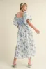 Blue Floral Smocked Puff Sleeve Midi Dress sold by Pinkblush