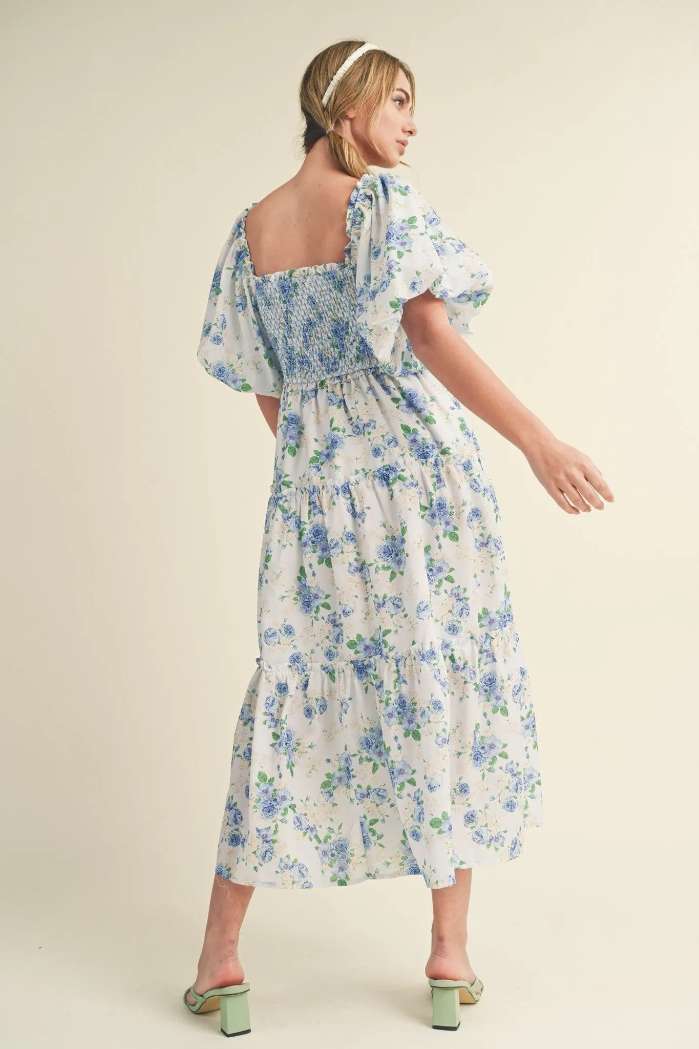 Blue Floral Smocked Puff Sleeve Midi Dress sold by Pinkblush product image thumbnail 3