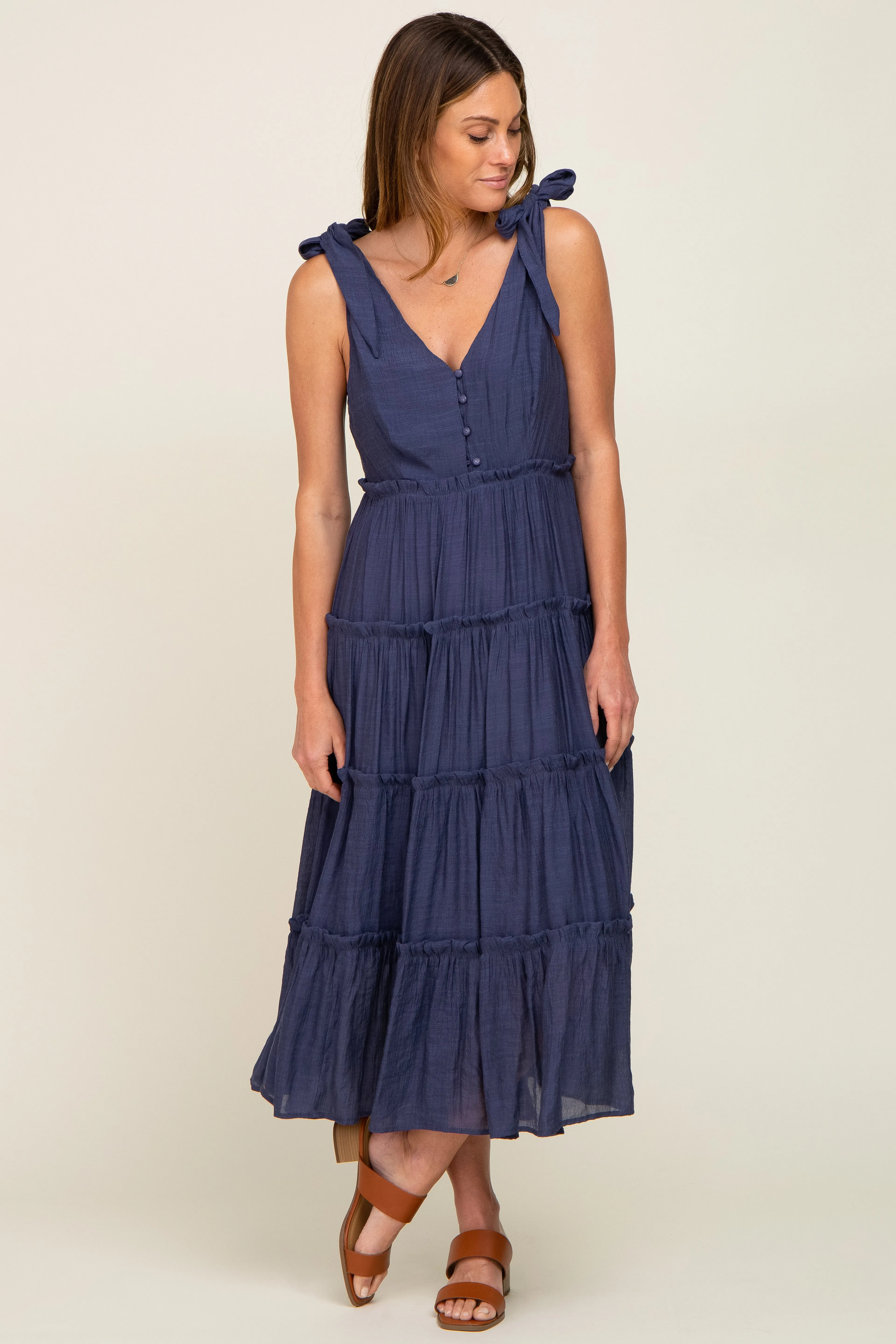 Navy Blue Linen Button Front Shoulder Tie Tiered Maternity Midi Dress sold by Pinkblush product image thumbnail 5