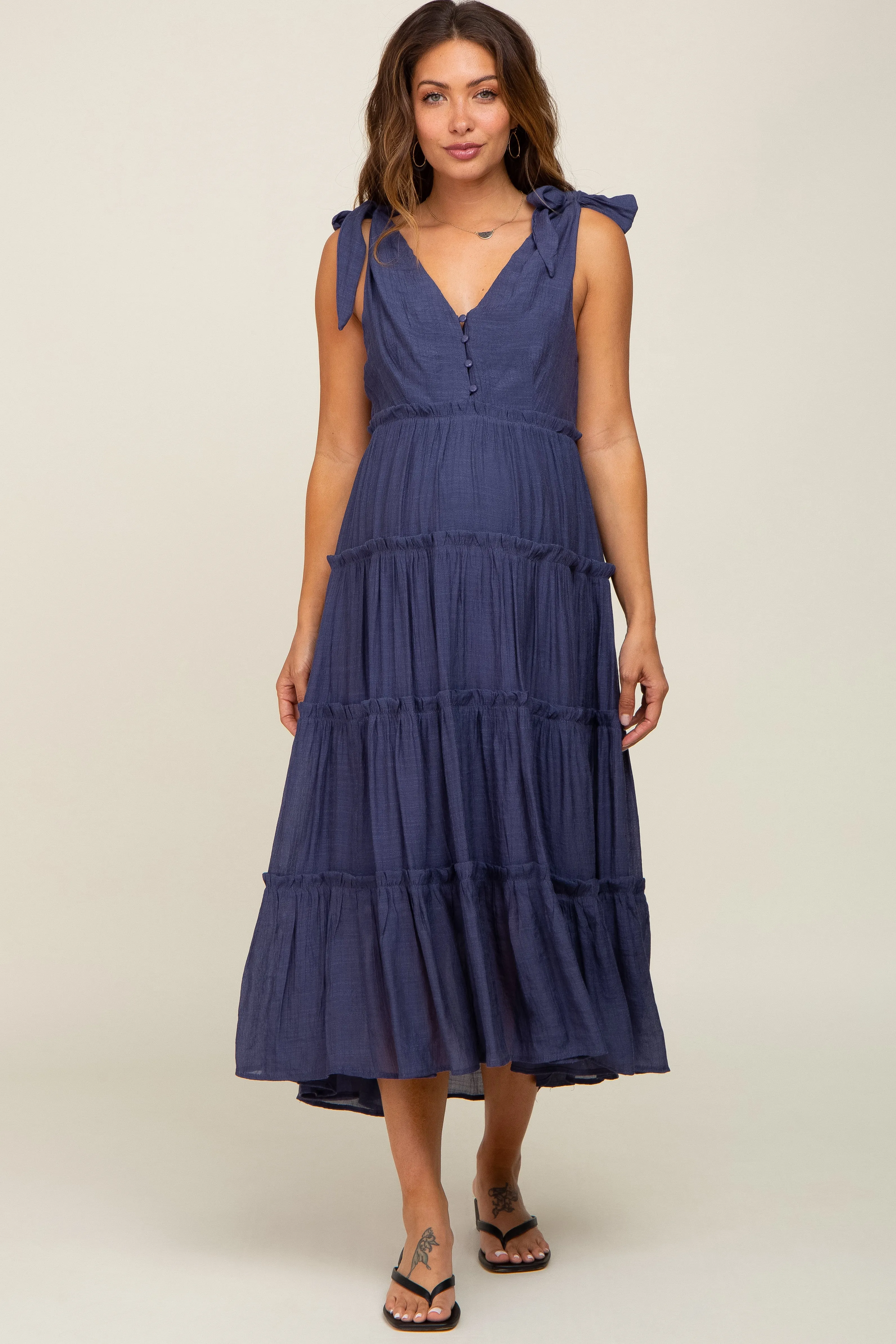 Navy Blue Linen Button Front Shoulder Tie Tiered Maternity Midi Dress sold by Pinkblush product image thumbnail 2