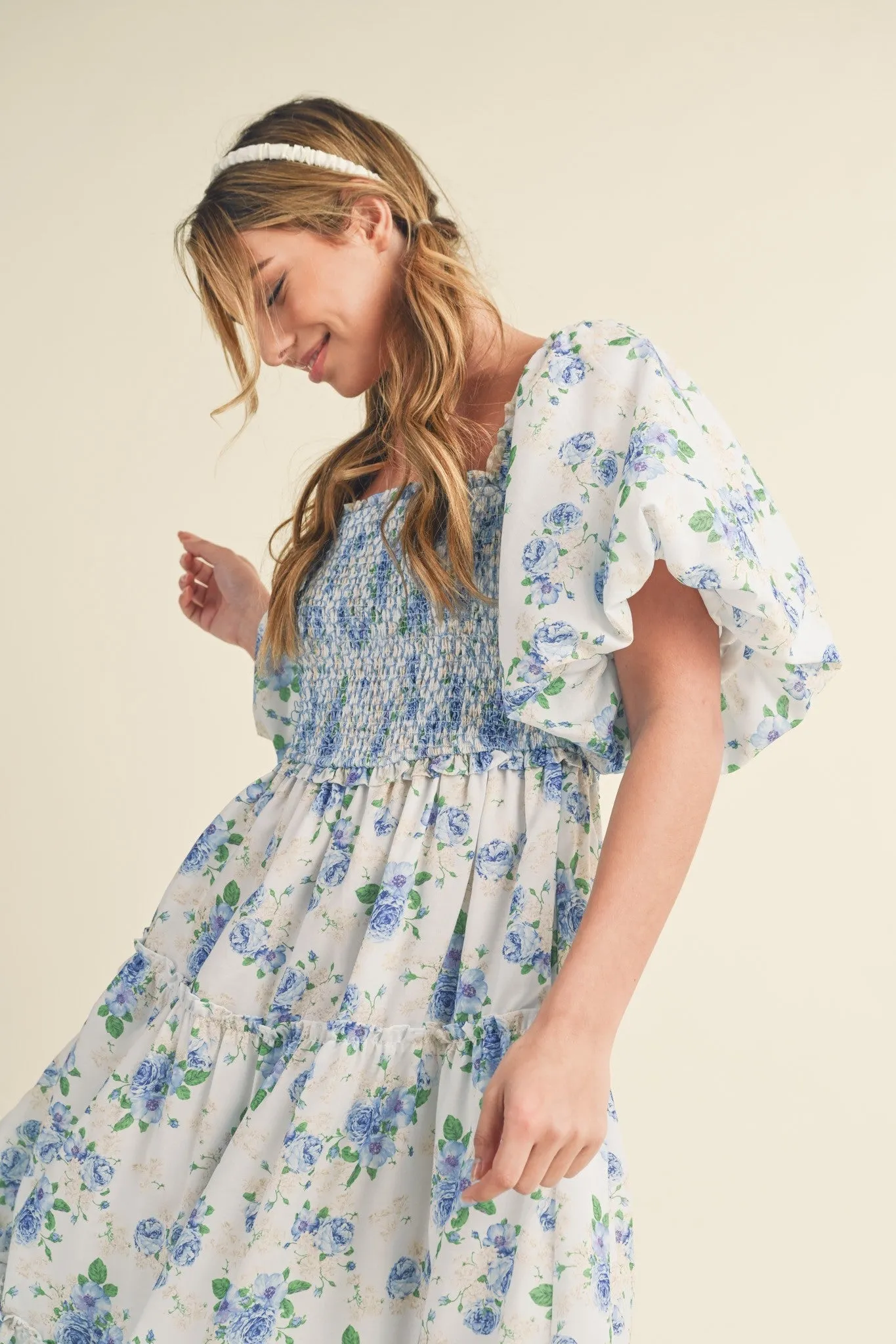 Blue Floral Smocked Puff Sleeve Midi Dress sold by Pinkblush product image thumbnail 4