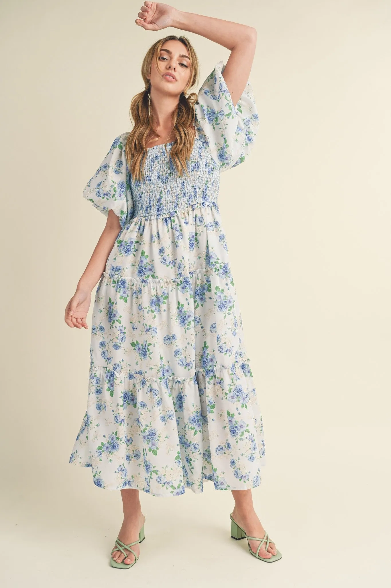 Blue Floral Smocked Puff Sleeve Midi Dress sold by Pinkblush