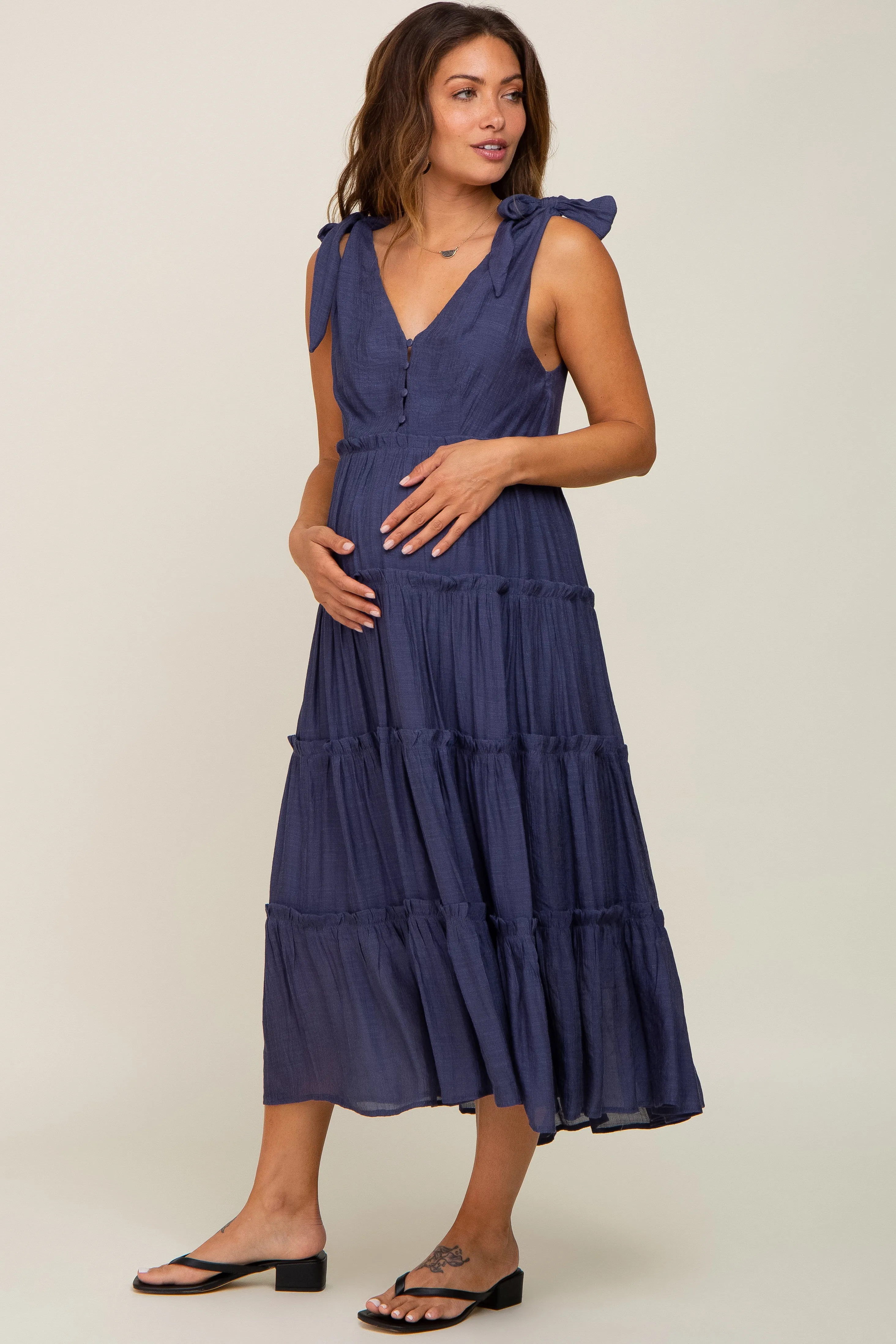 Navy Blue Linen Button Front Shoulder Tie Tiered Maternity Midi Dress sold by Pinkblush product image thumbnail 3