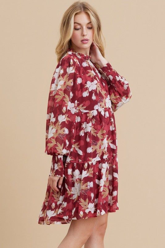 Burgundy Floral Chiffon Ruffle Mock Neck Tiered Dress sold by Pinkblush product image thumbnail 3