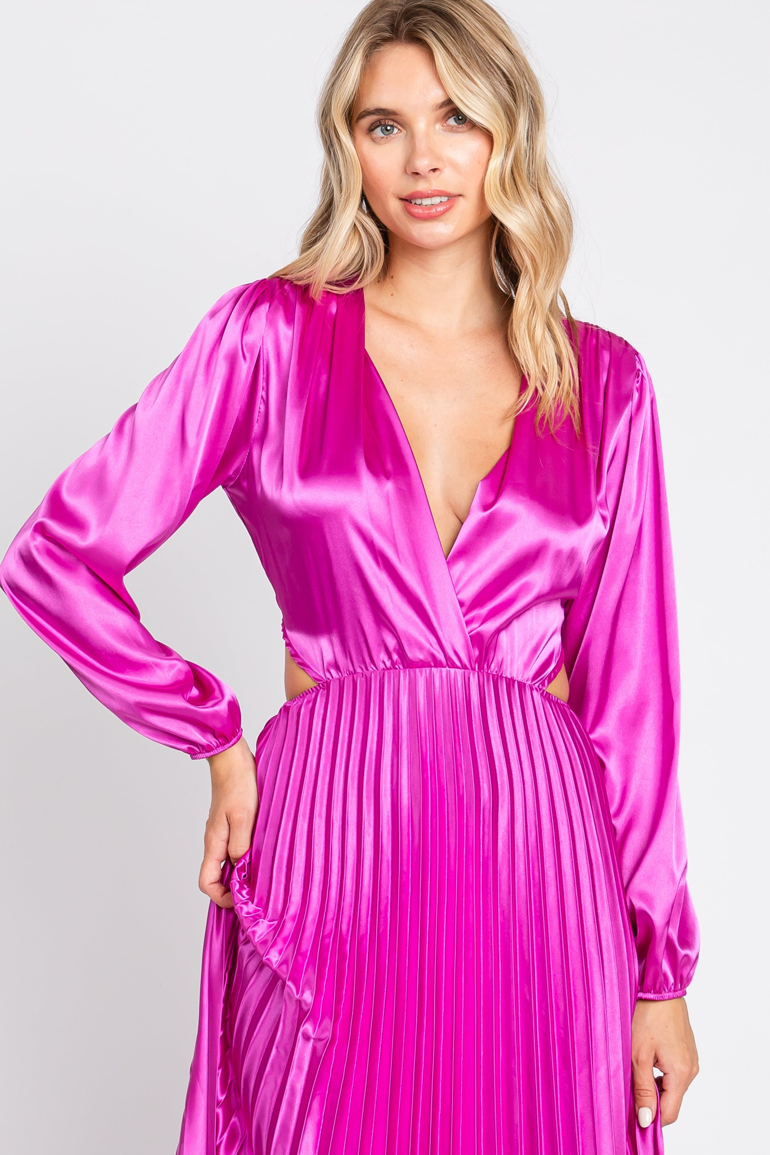 Magenta Satin Low Back Cutout Pleated Maxi Dress sold by Pinkblush product image thumbnail 5
