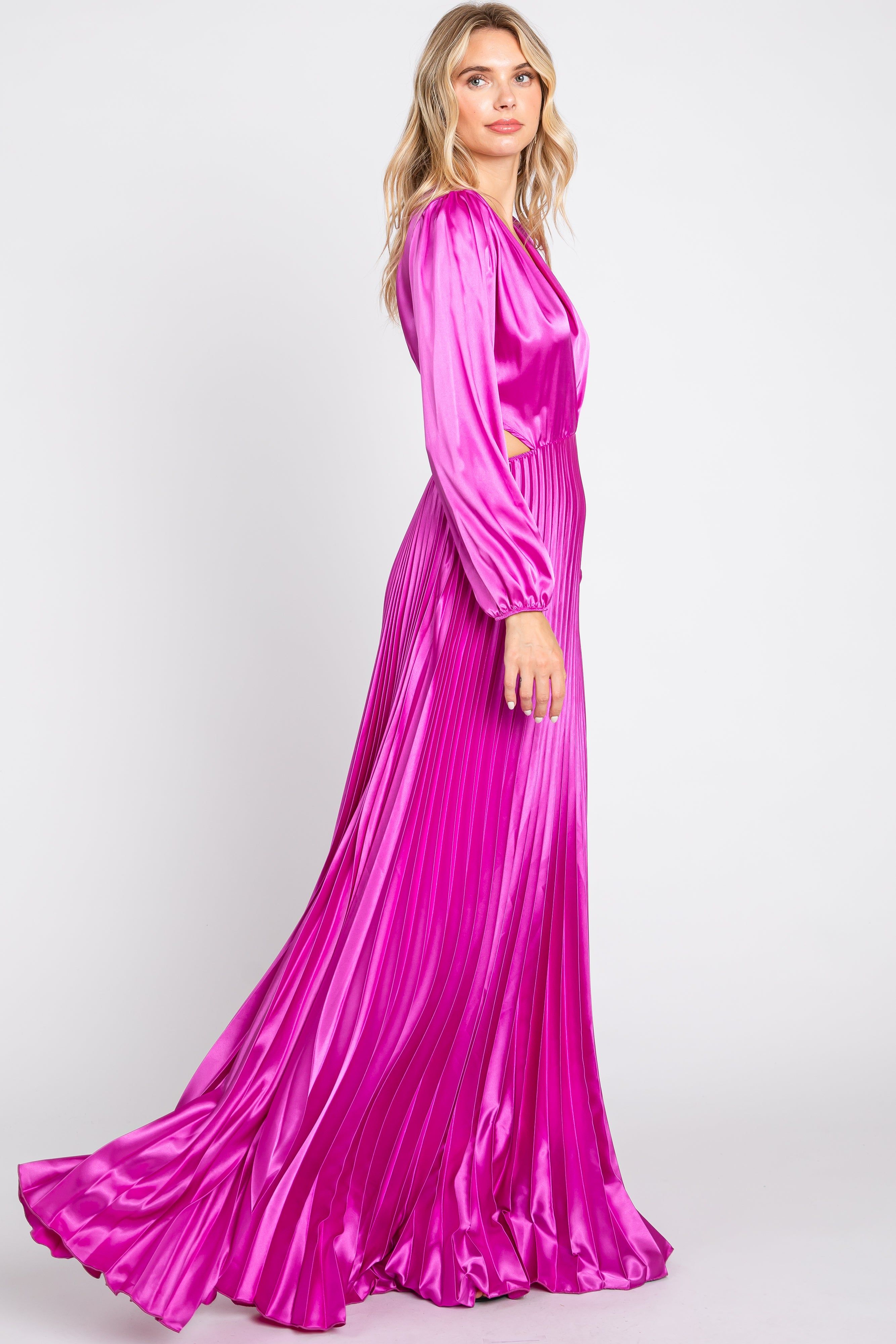 Magenta Satin Low Back Cutout Pleated Maxi Dress sold by Pinkblush product image thumbnail 2