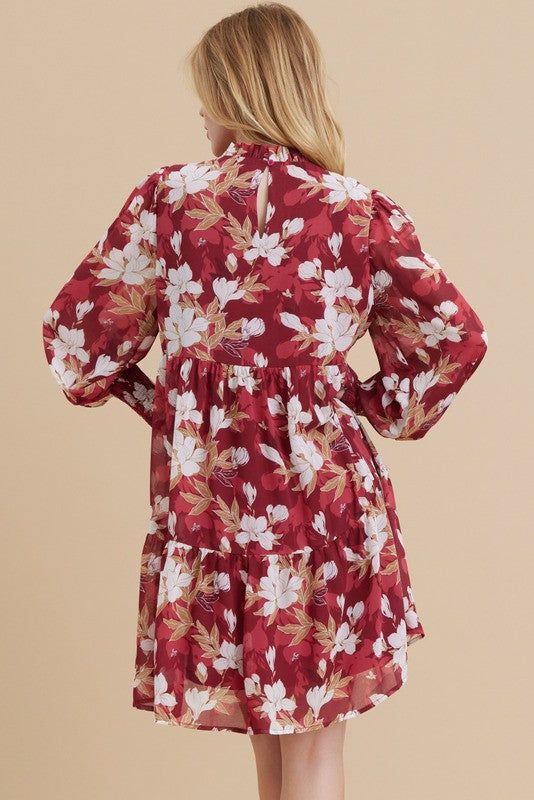 Burgundy Floral Chiffon Ruffle Mock Neck Tiered Dress sold by Pinkblush product image thumbnail 4