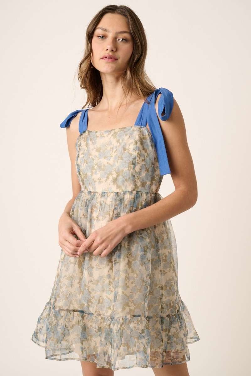 Blue Flower Print Organza Mini Dress sold by Pinkblush