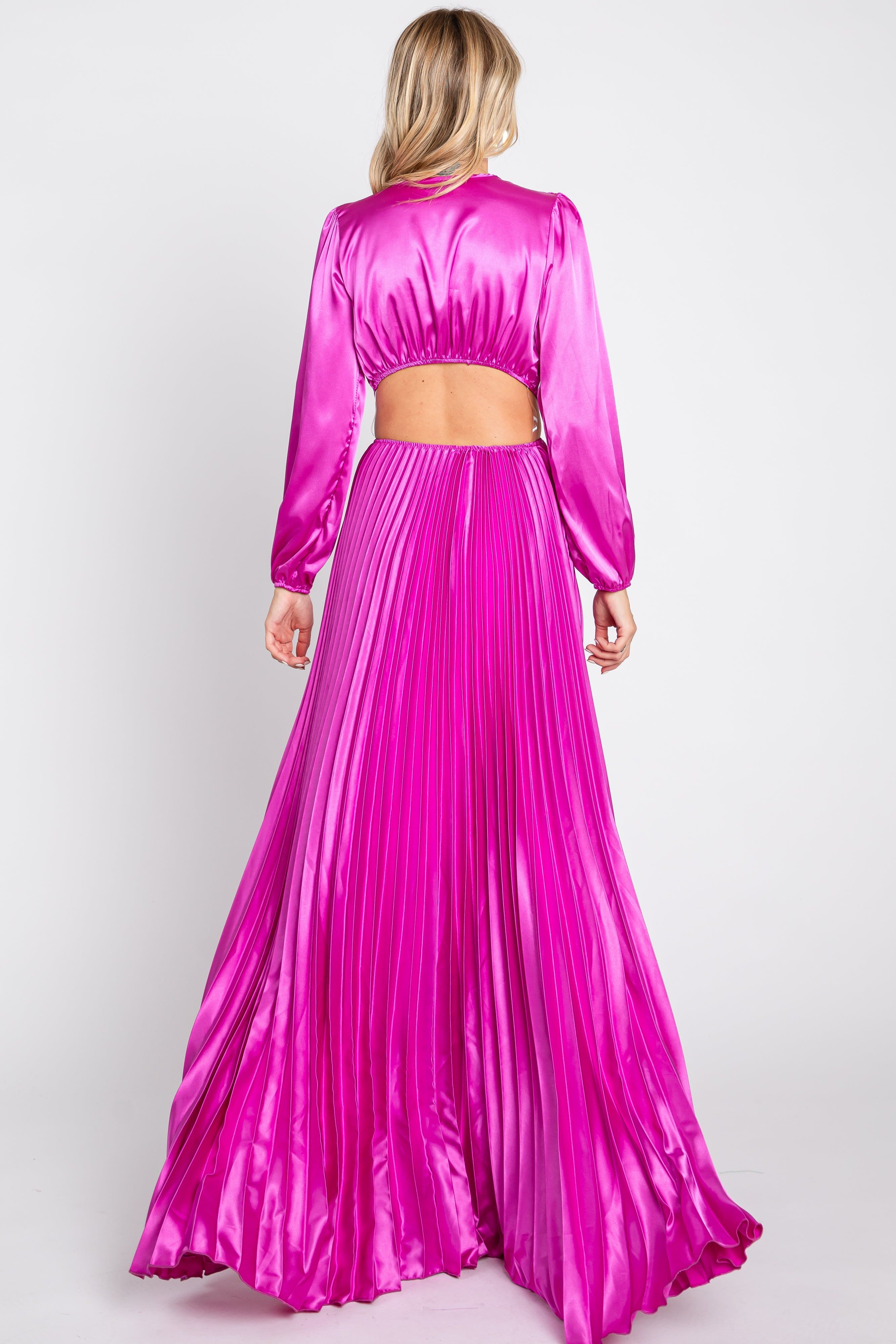 Magenta Satin Low Back Cutout Pleated Maxi Dress sold by Pinkblush product image thumbnail 3