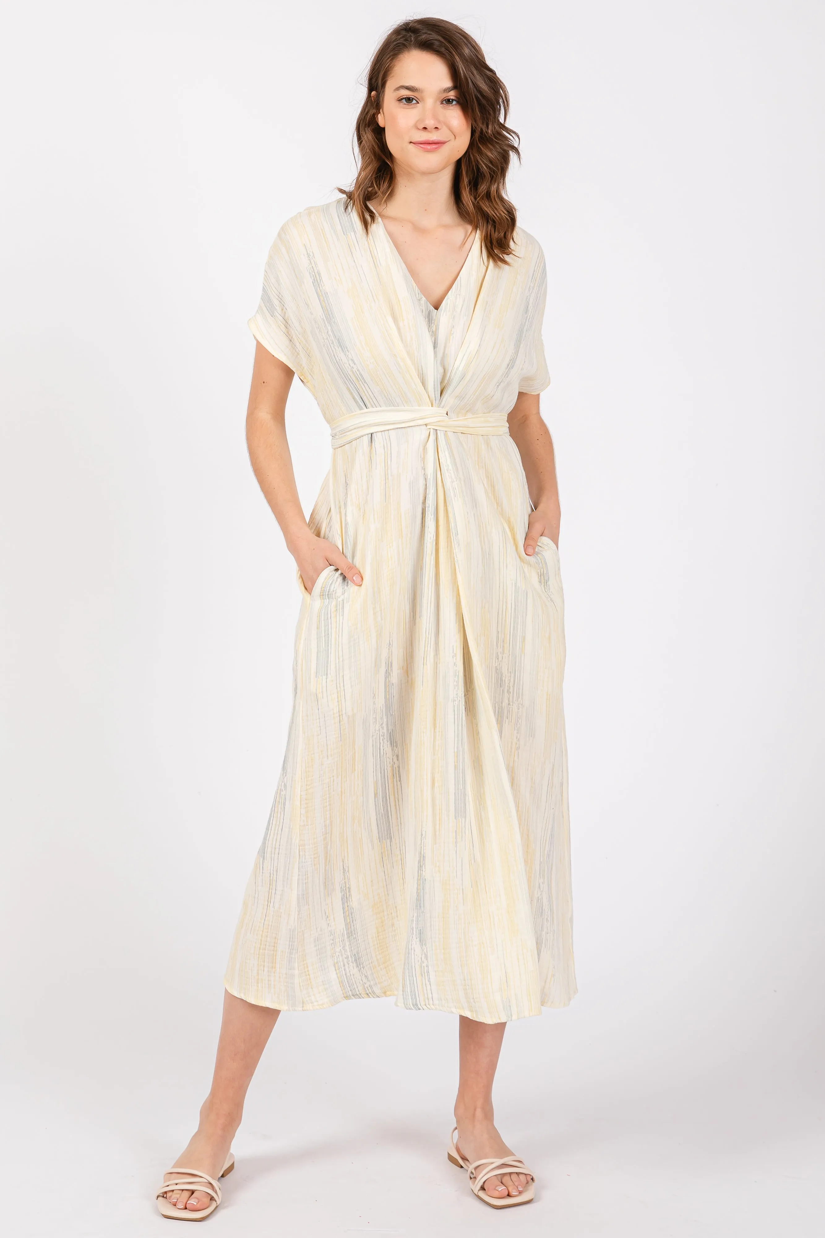 Cream Abstract Print V-Neck Midi Dress sold by Pinkblush