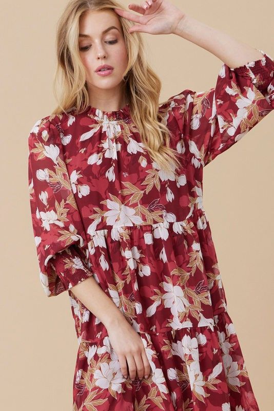Burgundy Floral Chiffon Ruffle Mock Neck Tiered Dress sold by Pinkblush product image thumbnail 5