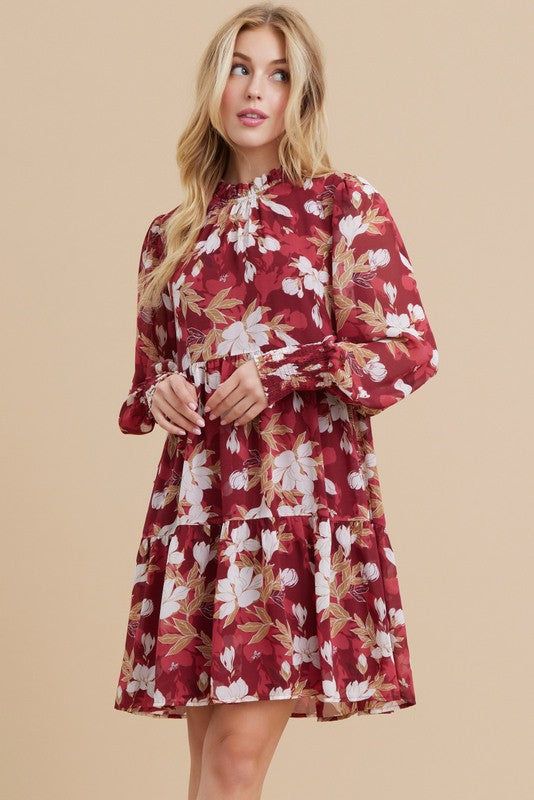 Burgundy Floral Chiffon Ruffle Mock Neck Tiered Dress sold by Pinkblush product image thumbnail 2