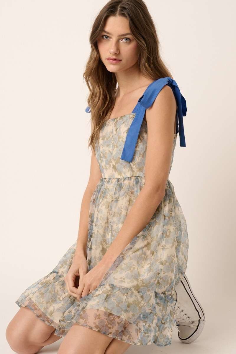 Blue Flower Print Organza Mini Dress sold by Pinkblush product image thumbnail 2