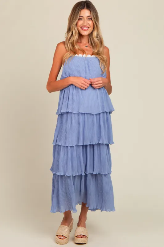 Periwinkle Ruffle Tiered Maternity Maxi Dress sold by Pinkblush
