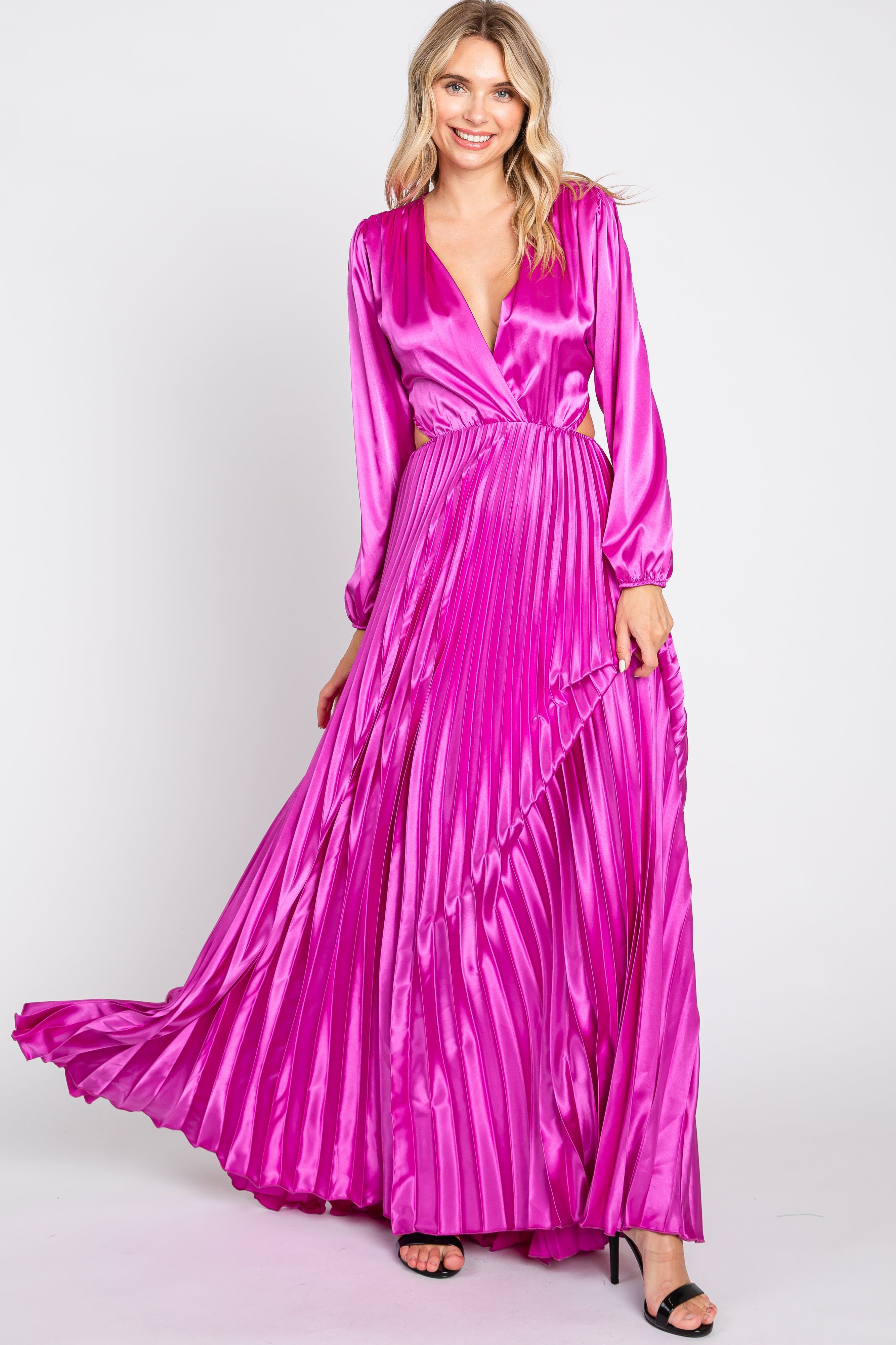 Magenta Satin Low Back Cutout Pleated Maxi Dress sold by Pinkblush product image thumbnail 4