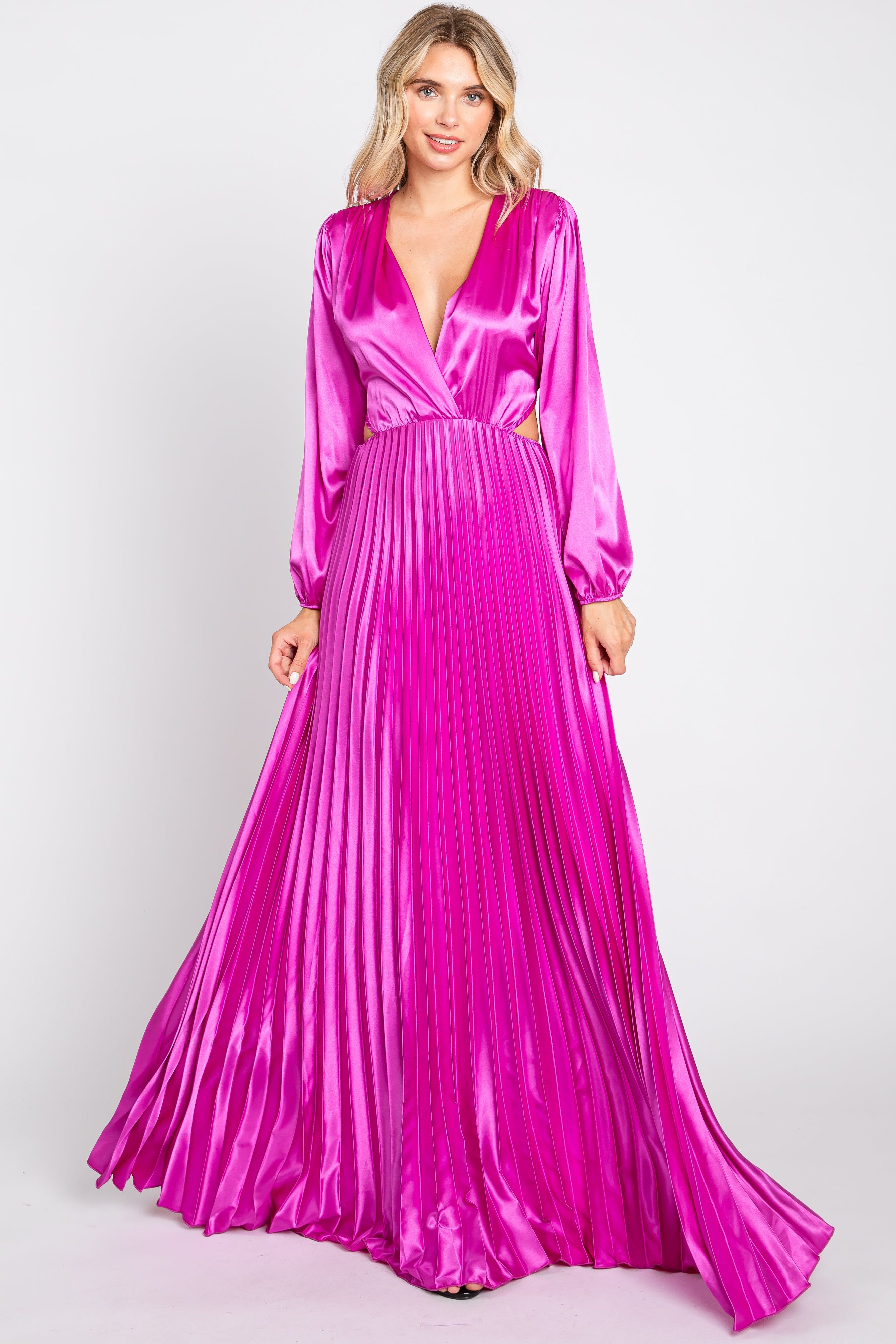 Magenta Satin Low Back Cutout Pleated Maxi Dress sold by Pinkblush