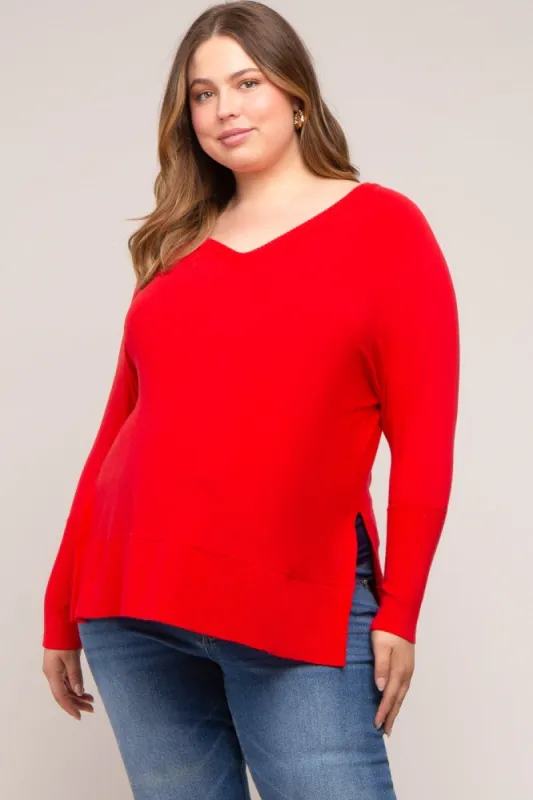 Red Knit Long Dolman Sleeve Plus Maternity Top sold by Pinkblush
